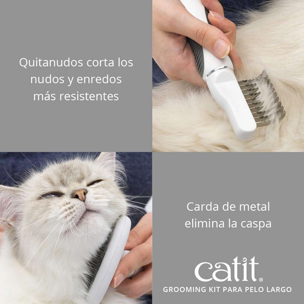 Un gato siendo cepillado con un peine metálico Catit, con texto en español sobre eliminar nudos.
