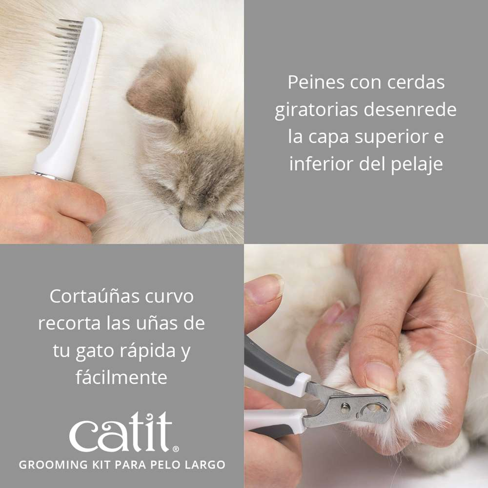 Kit de aseo para gatos con cepillo giratorio y cortaúñas para gatos de pelo largo.
