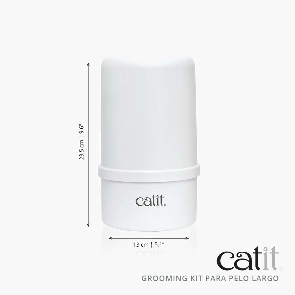 Kit de aseo Catit blanco con medidas de alto y ancho sobre fondo blanco.