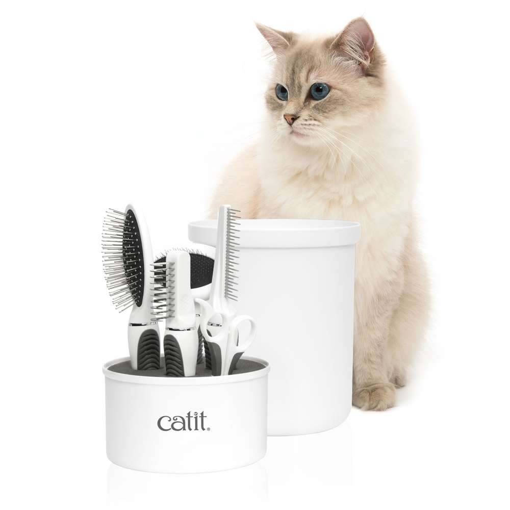 Un gato blanco se sienta detrás de un kit de aseo Catit con varios cepillos y peines en un recipiente blanco.
