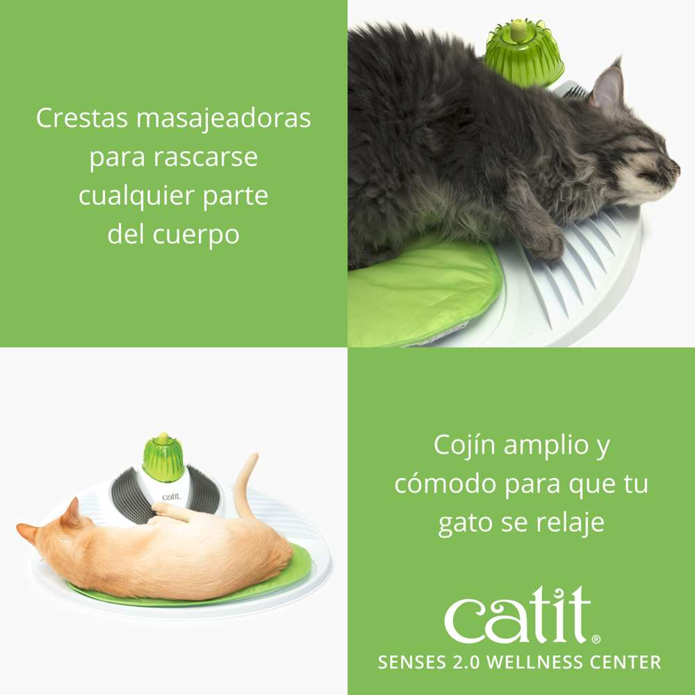Gatos relajándose en un Catit Senses 2.0 Wellness Center con crestas y cojín.