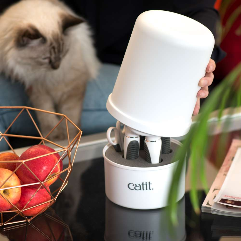 Persona abre un organizador blanco Catit con cepillos, al lado de un frutero y un gato.