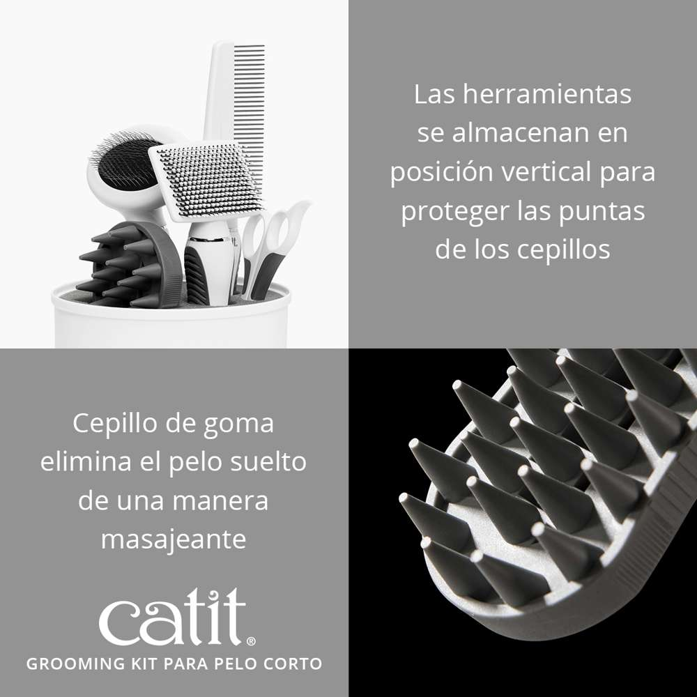 Un kit de aseo para gatos Catit con cepillos y peine almacenados en vertical en un recipiente blanco, con texto en español.