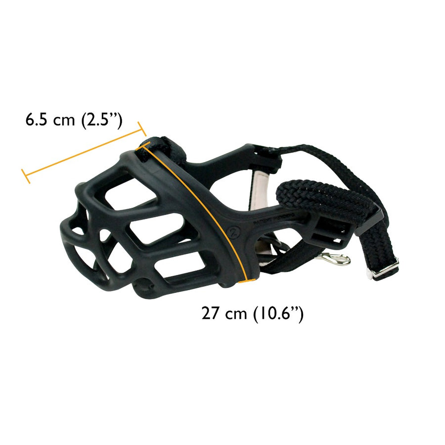 Boçan de perro de silicona negra con correas, mostrando medidas de 6.5 cm y 27 cm.