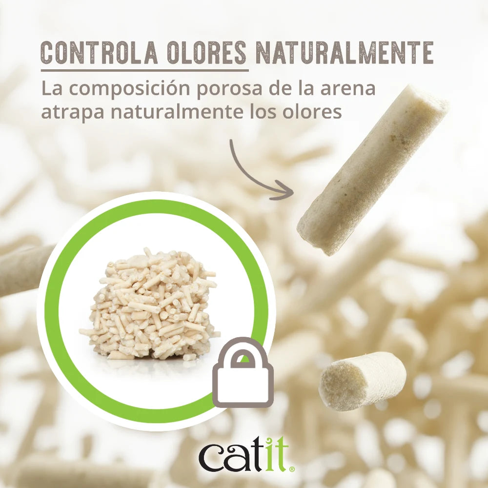 Primer plano de pellets de arena para gatos porosos con texto en español sobre control de olores.