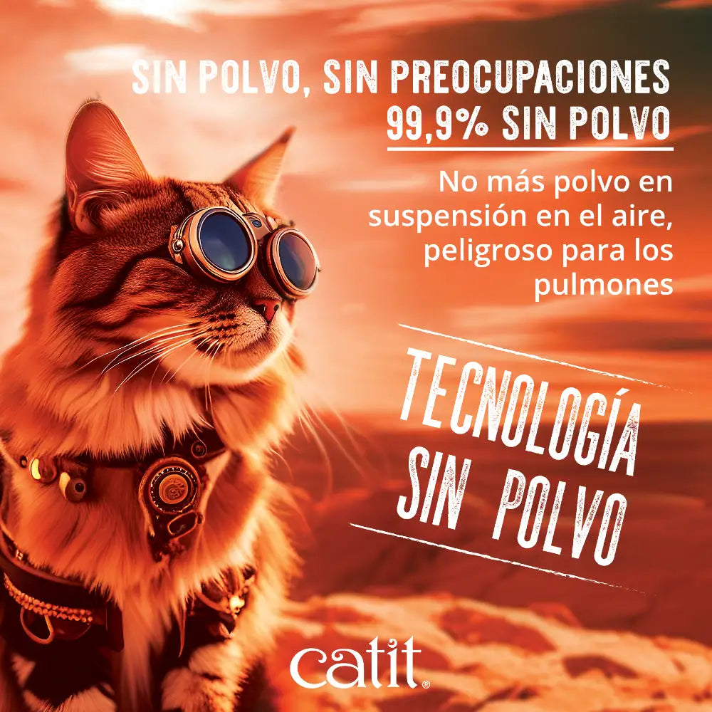Un gato con gafas steampunk mira un paisaje naranja polvoriento con texto promocional.