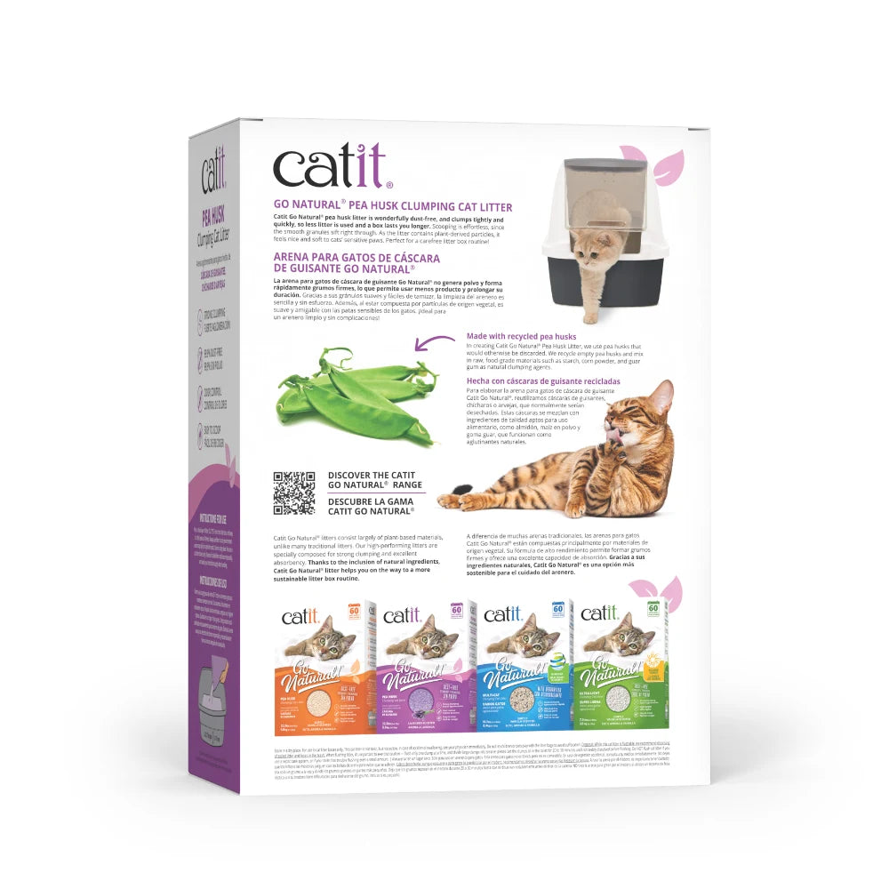 Empaque de arena para gatos Catit Go Natural con gatos, guisantes e info.