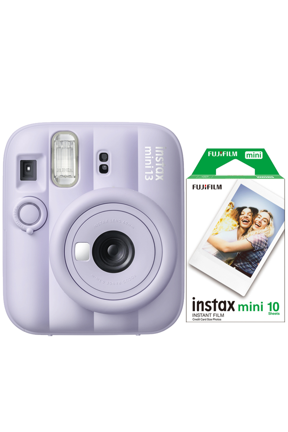 Bir kutu Instax Mini film yaninda mor renkli Instax Mini 13 aninda cekim kamera.