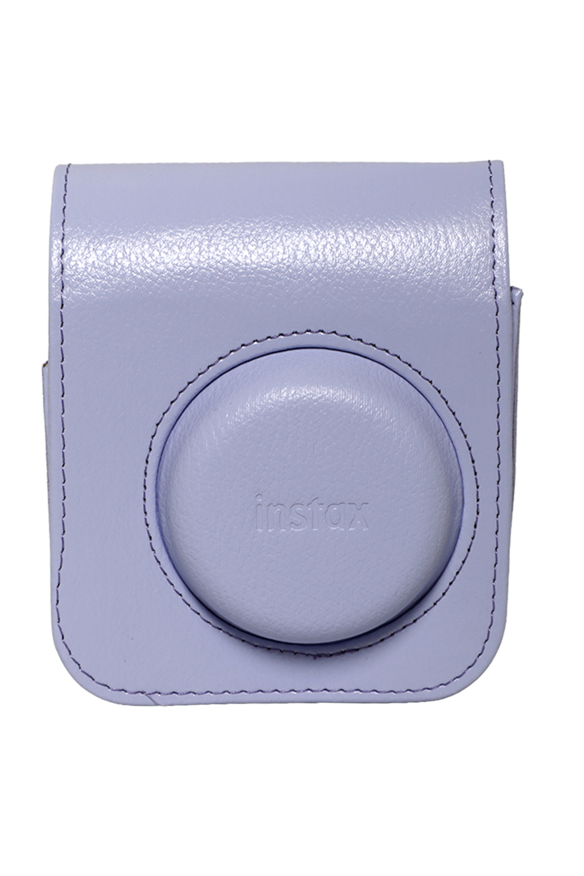 Yuvarlak ön kısmında instax logosu bulunan lavanta rengi kamera kılıfı.