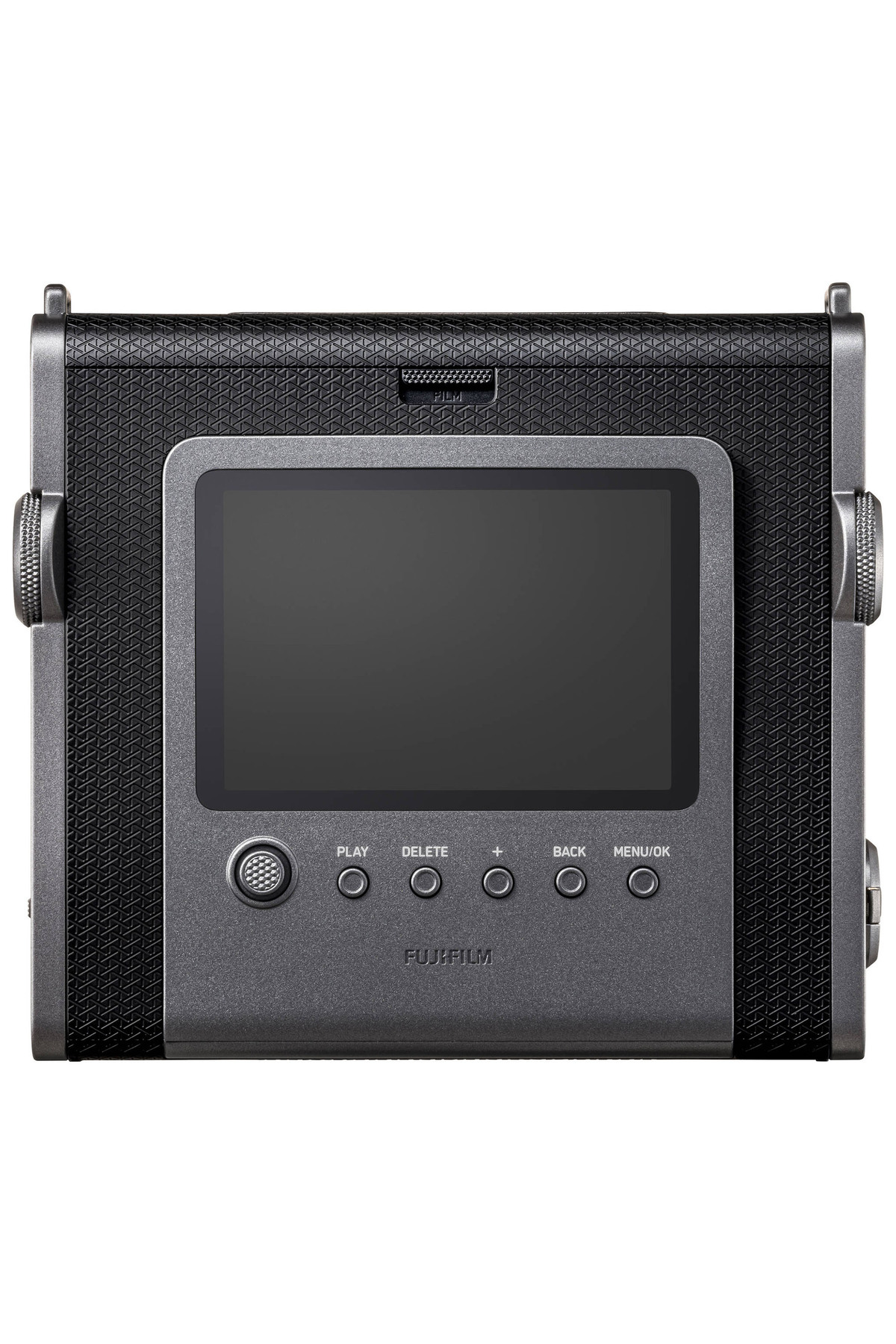 Ekranlı, kontrol tuşlu ve dokulu kasalı bir Fujifilm kameranın arkası.