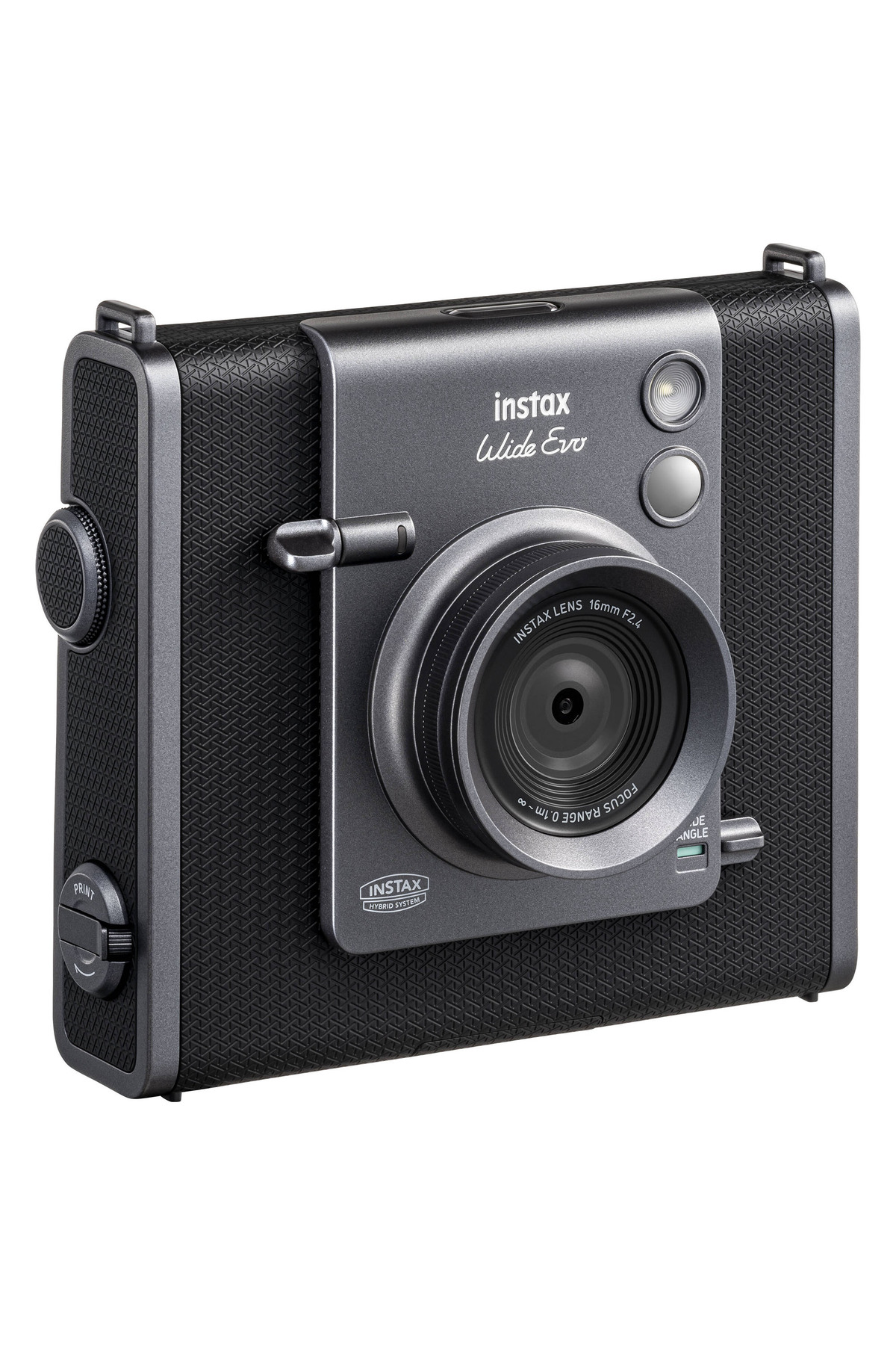 Beyaz arka planda merkezi lensli ve flaşlı dokulu gri ve siyah Instax Wide Evo hibrit kamera.