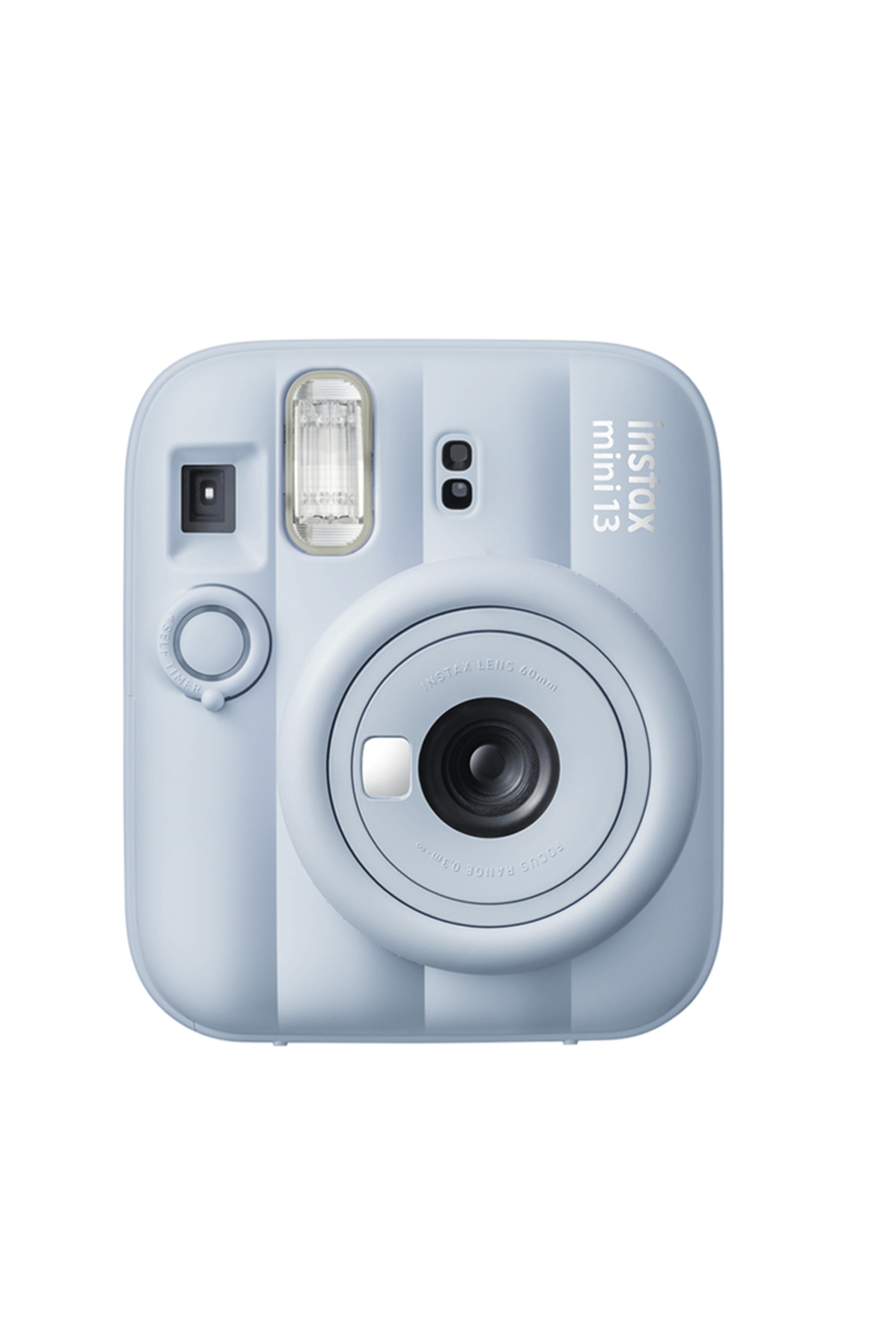 Beyaz arka planda flaşlı ve yuvarlak lensli açık mavi Instax Mini 13 anlık kamera.