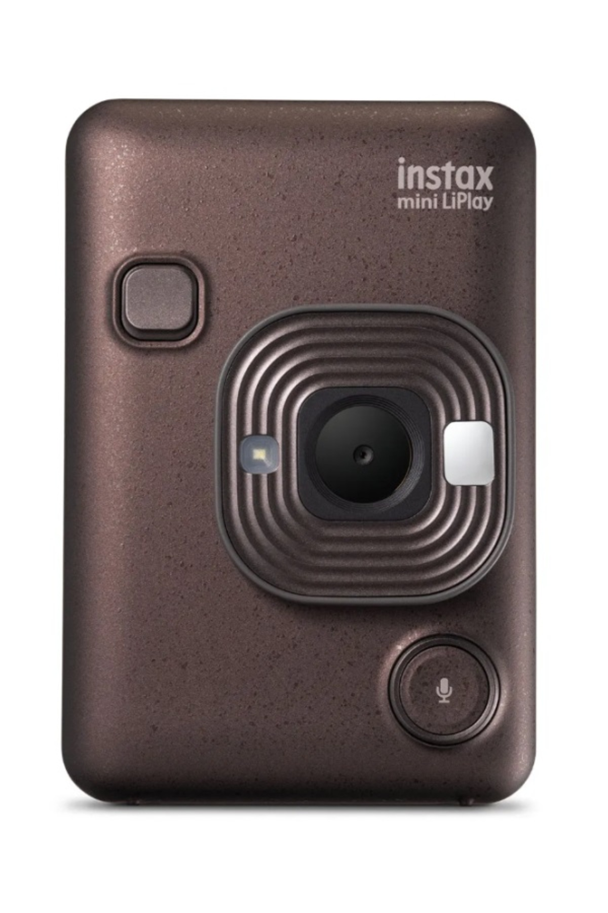 Merkezi lens, flaş, vizör ve ses tuşuna sahip kahverengi Instax mini LiPlay anlık kamera.