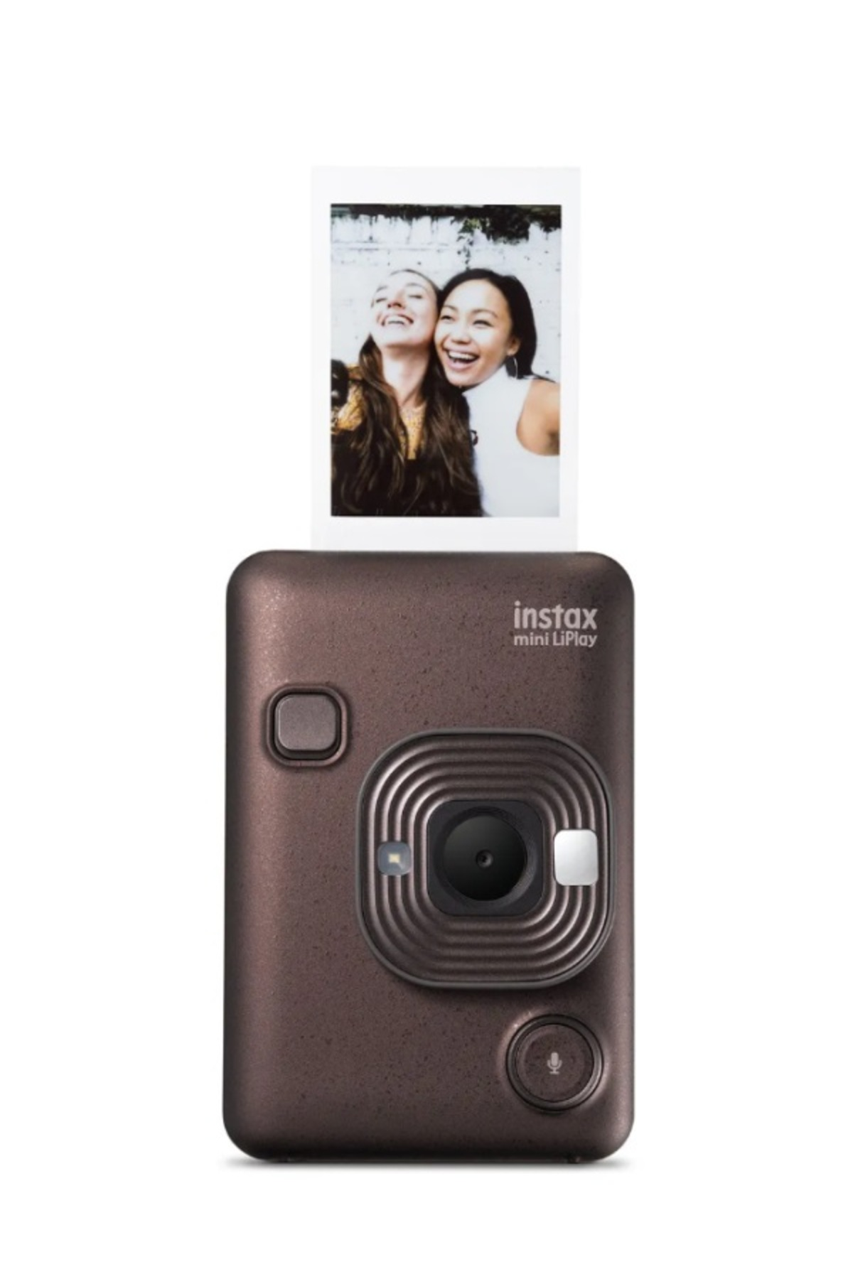 Üstünden iki gülen kadının yer aldığı basılı bir anlık fotoğraf çıkan kahverengi Instax Mini LiPlay kamera.