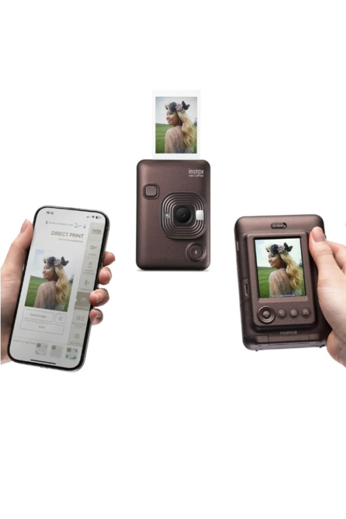 Kahverengi bir Instax anlık kamera, uygulamalı bir akıllı telefon ve arkadan görünen baskı yapan kamera.