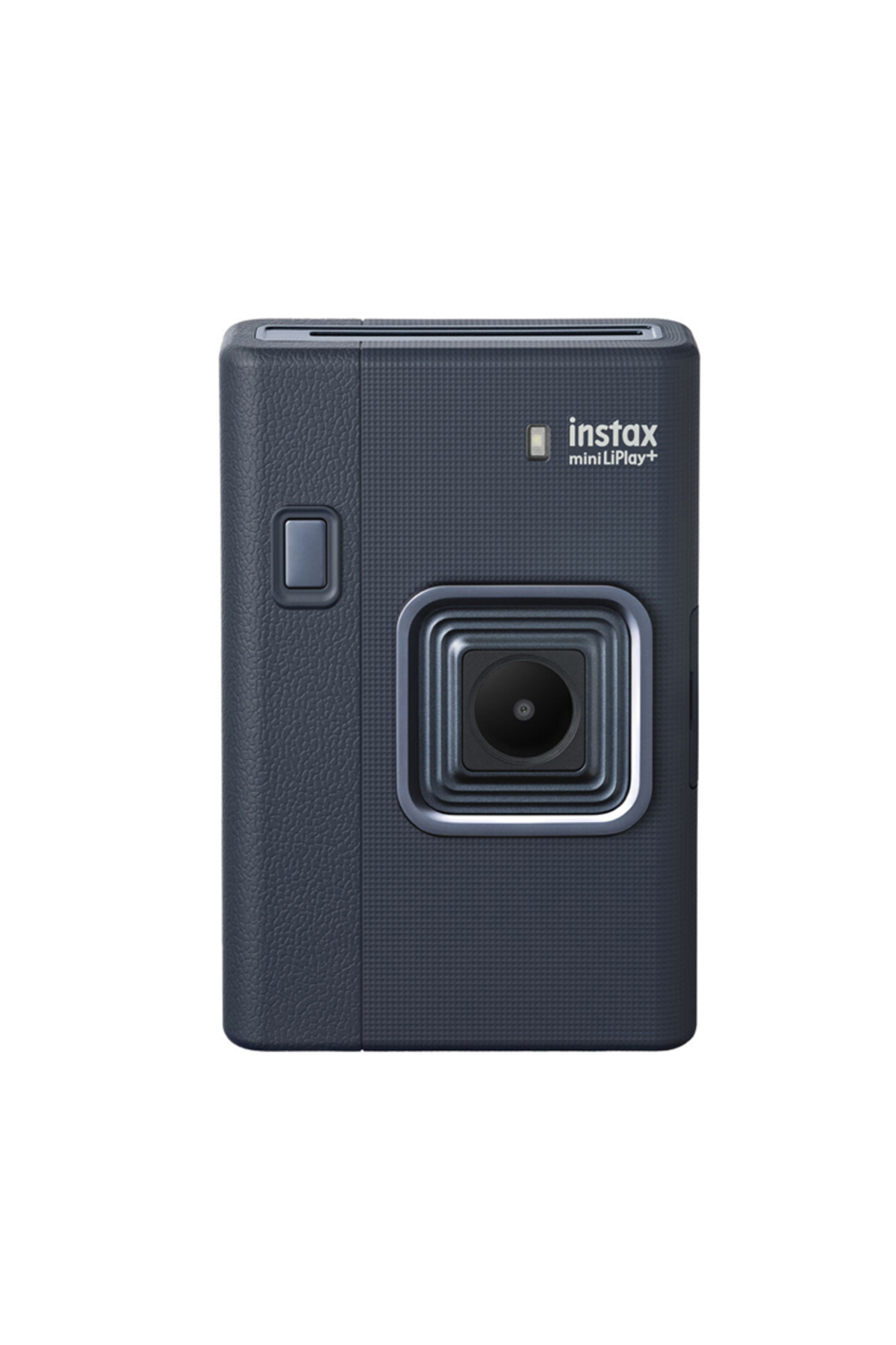 Beyaz arka planda deri dokulu koyu gri instax mini LiPlay+ anında çekim kamerası.