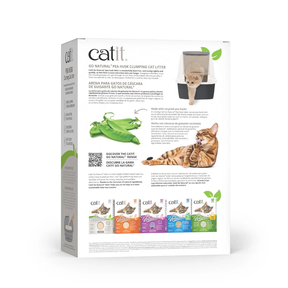 Envase de arena para gatos de cáscara de guisante Catit Go Natural, con gatos, guisantes verdes y detalles del producto.