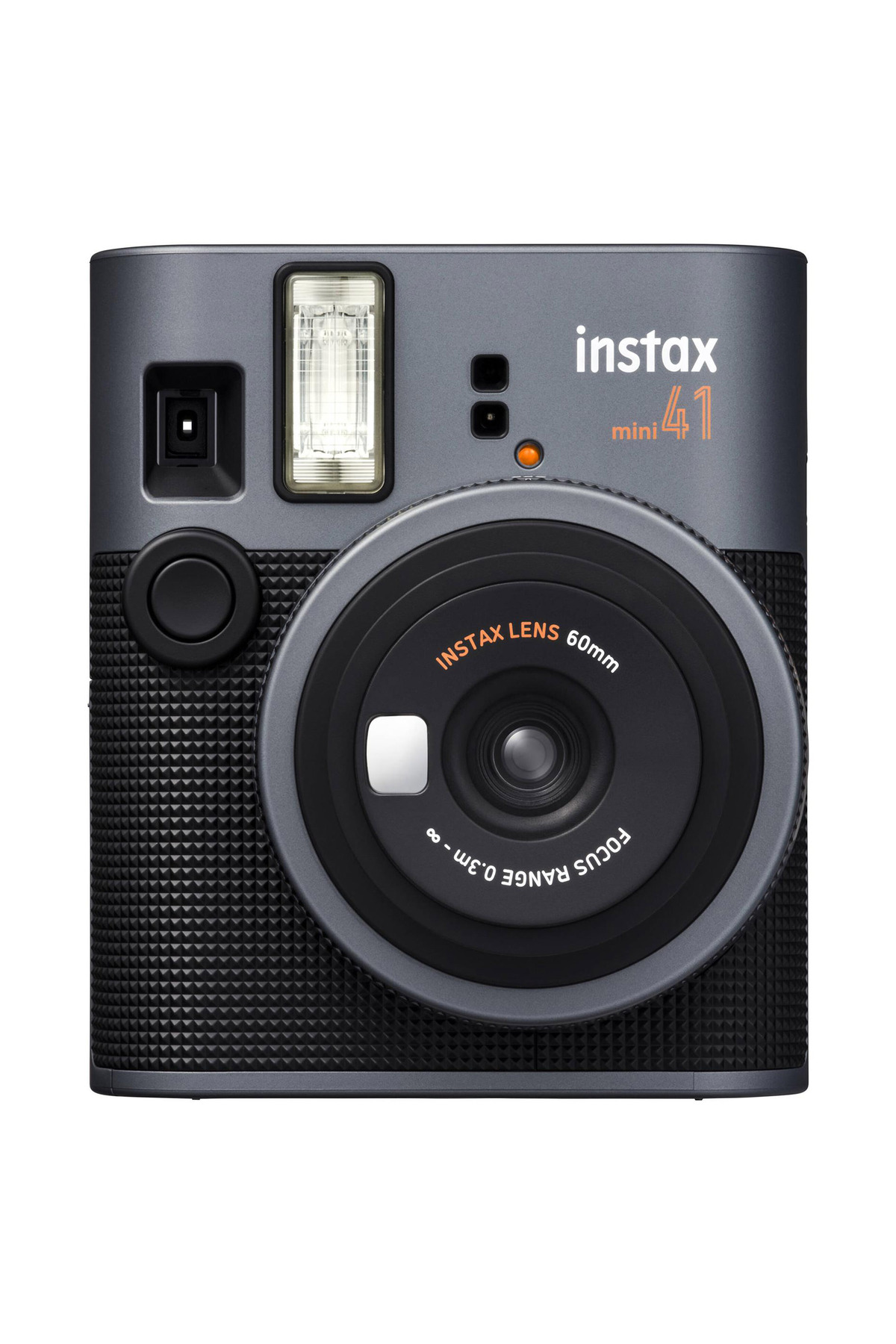 Beyaz arka planda büyük lensli ve dahili flaşlı gri Instax Mini 41 anlık kamera.