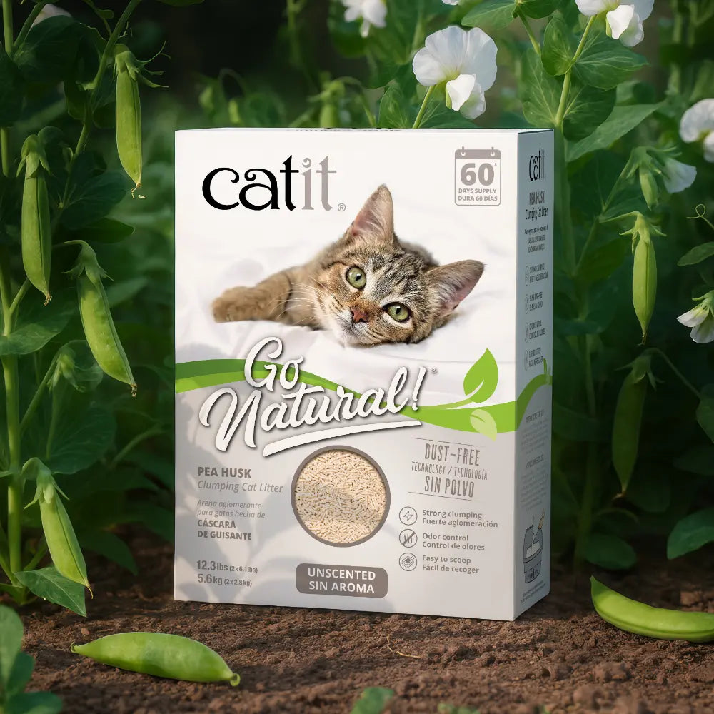 La caja de arena para gatos Catit Go Natural está al aire libre rodeada de plantas de guisantes con vainas verdes y flores blancas.