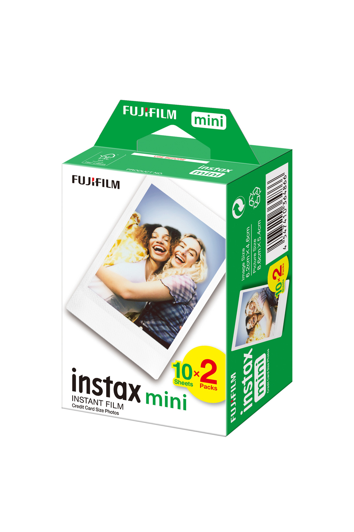 Yeşil ve beyaz renkli Fujifilm Instax Mini anlık film kutusunda iki gülen kadının fotoğrafı var.