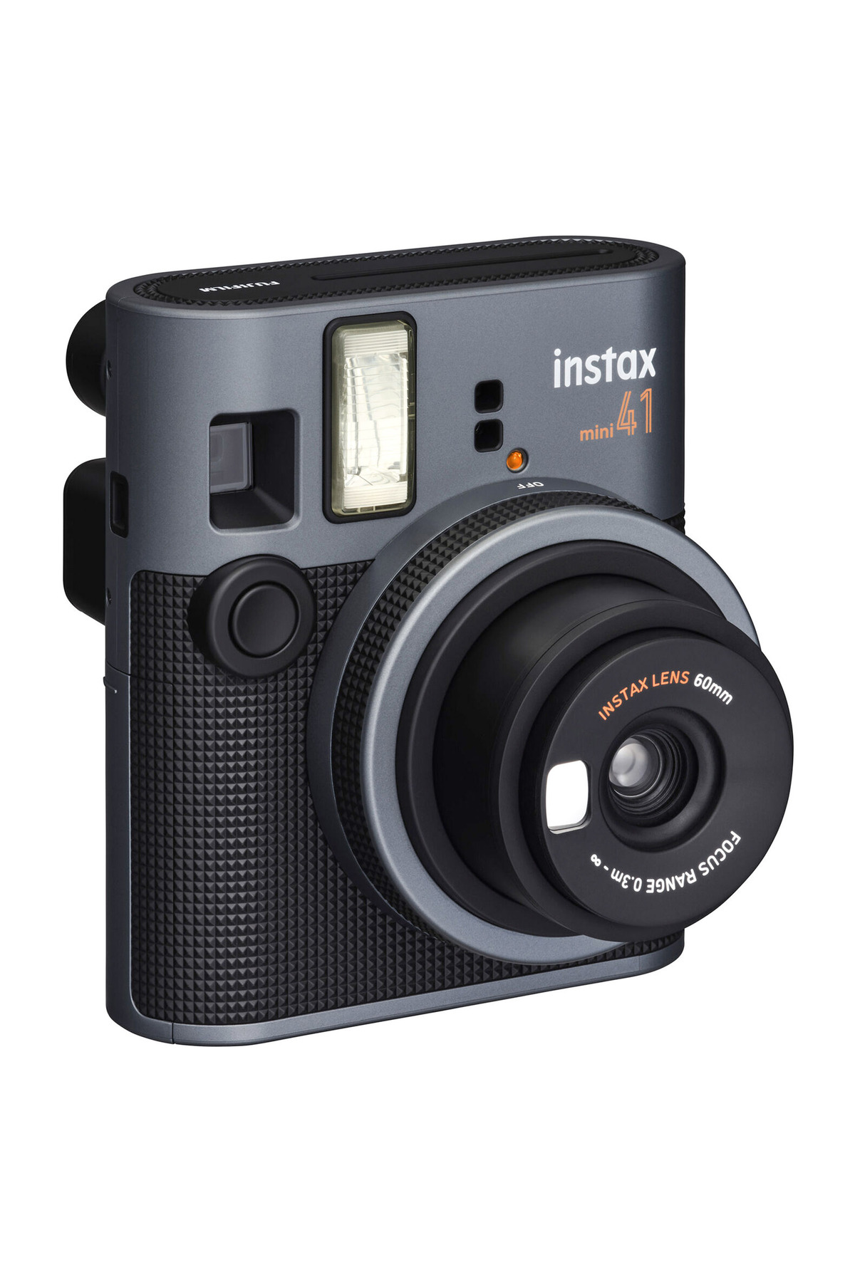 Büyük lensli ve dahili flaşlı gri renkli Fujifilm Instax Mini anlık kamerası.