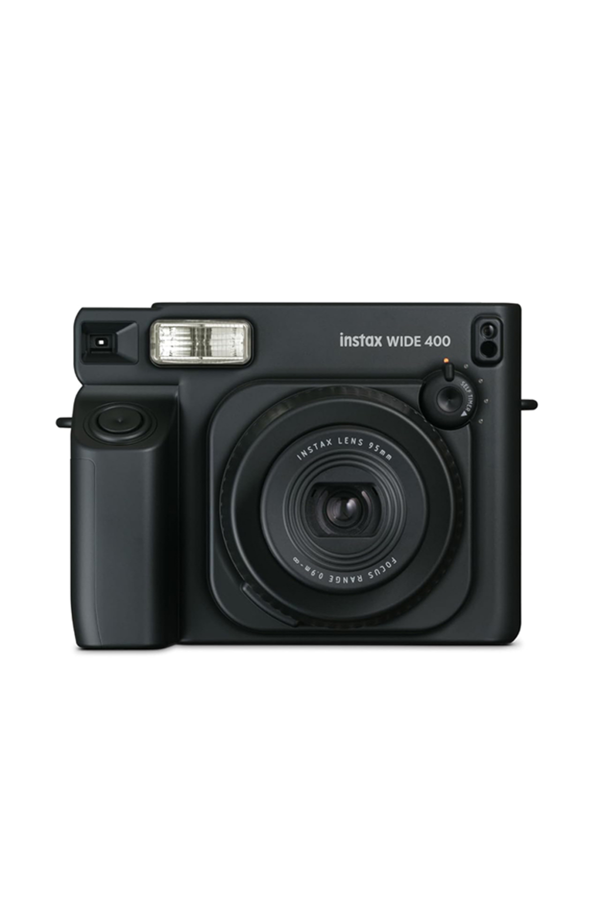 Büyük lensli ve flaşlı siyah Fujifilm Instax Wide 400 anlık kamera.