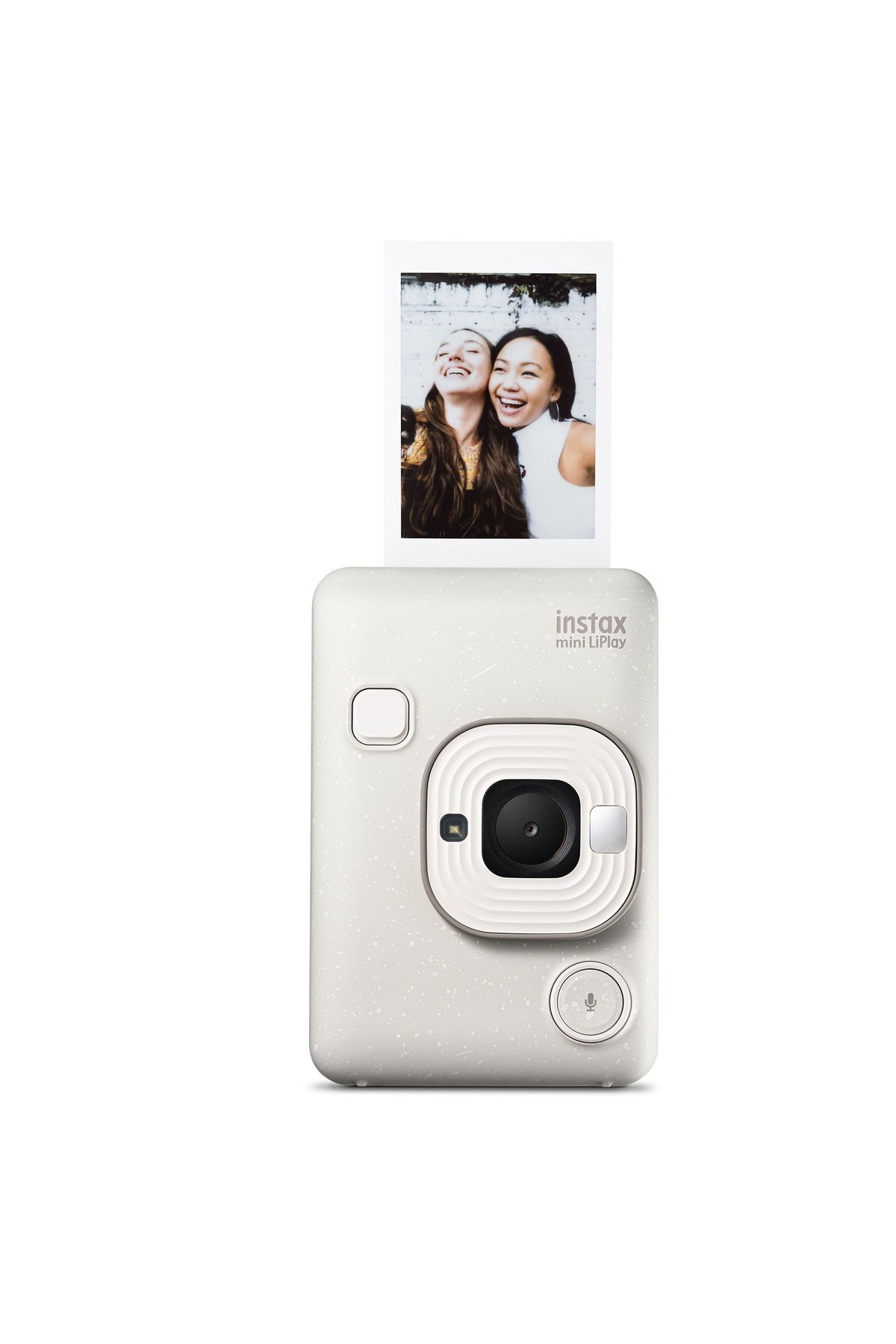 Beyaz bir arka plan önünde iki gülen kadının fotoğrafını çıkaran beyaz bir Instax Mini LiPlay kamera.