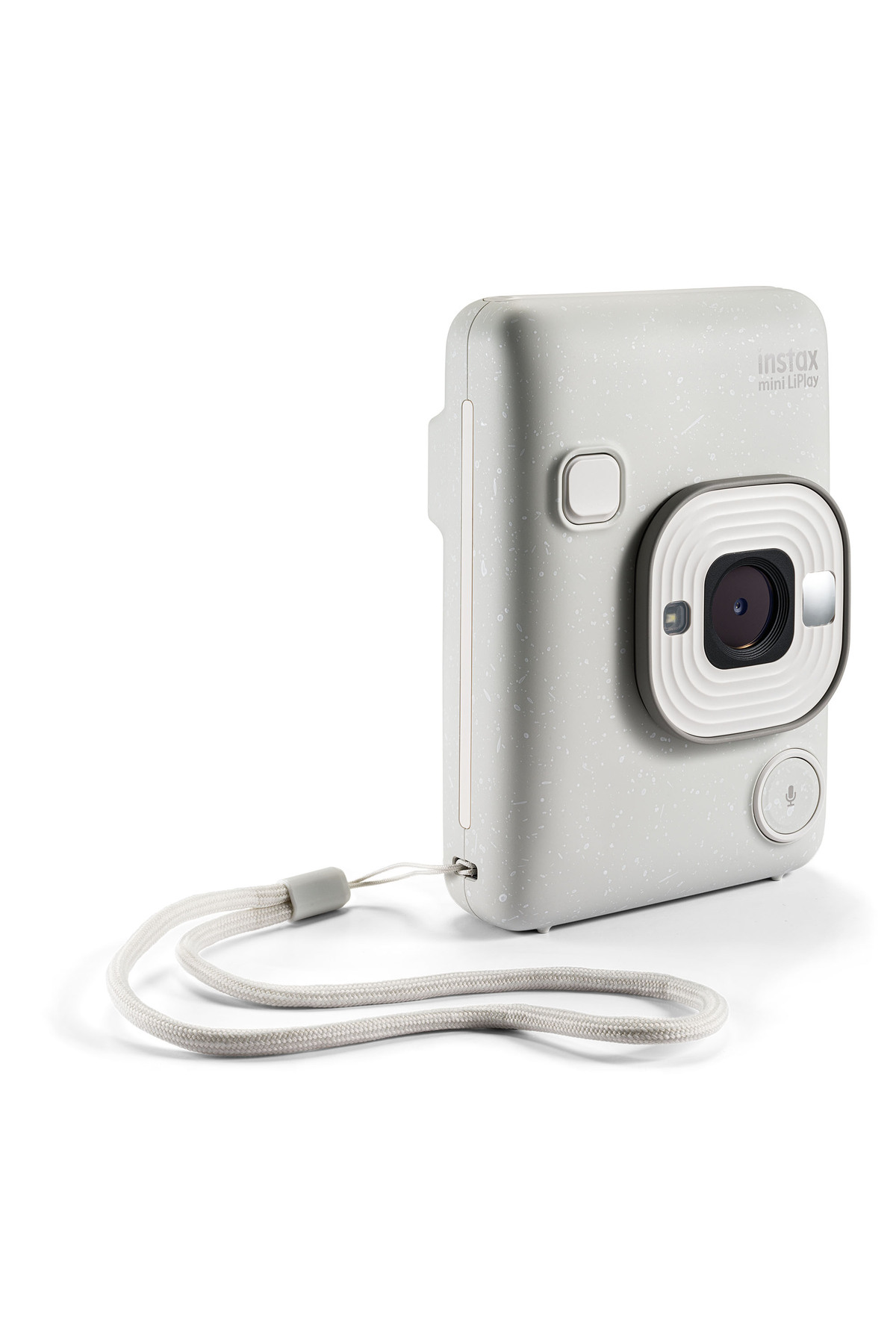 Beyaz arka planda, uyumlu askısıyla açık gri renkli bir Instax Mini LiPlay kamera.