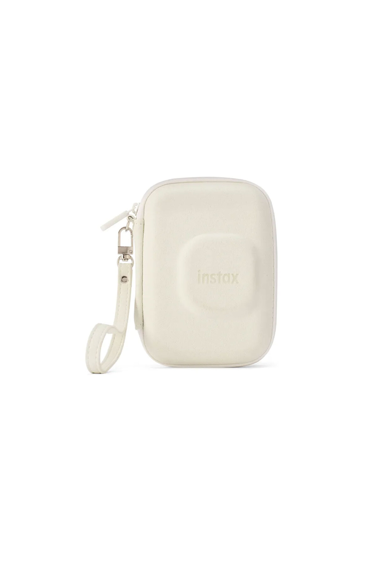 Beyaz arkaplanda fermuarlı ve el kayışlı beyaz bir Instax kamera kılıfı.