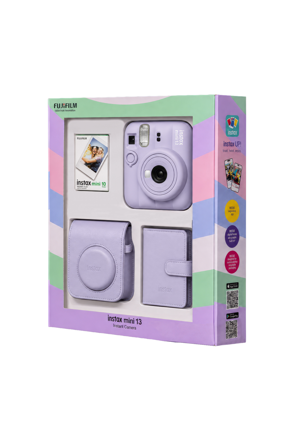 Kamera, film, çanta ve albüm içeren açık mor renkli Fujifilm Instax mini 13 kamera hediye kutusu.