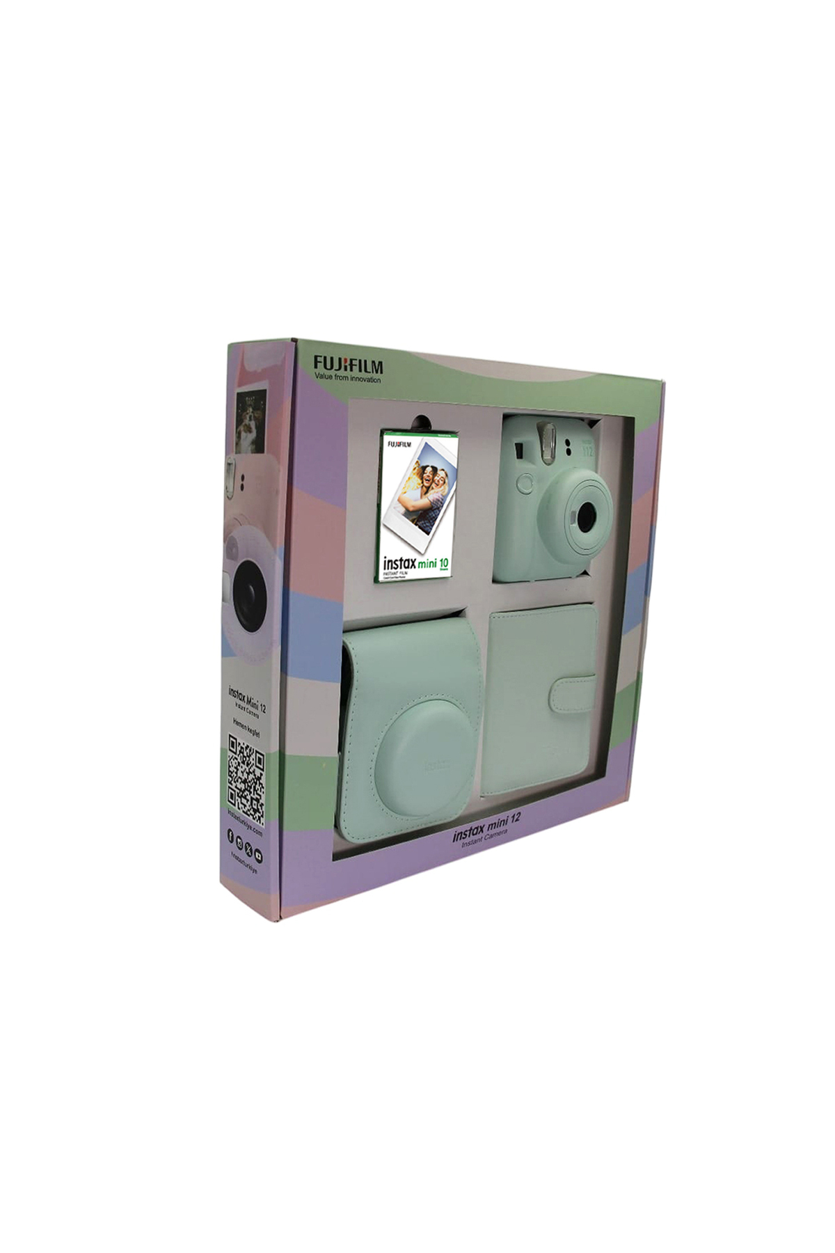 Nane yeşili kamera, kılıf, albüm ve film içeren pastel Fujifilm Instax Mini 12 kutusu.