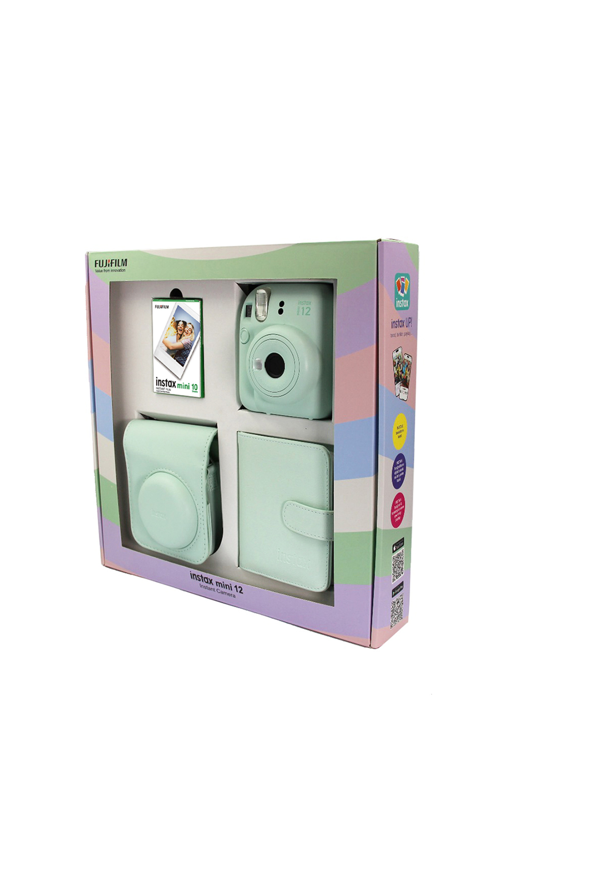 Renkli kutu içinde aksesuarlarıyla birlikte pastel yeşil Fujifilm Instax Mini 12 kamera.
