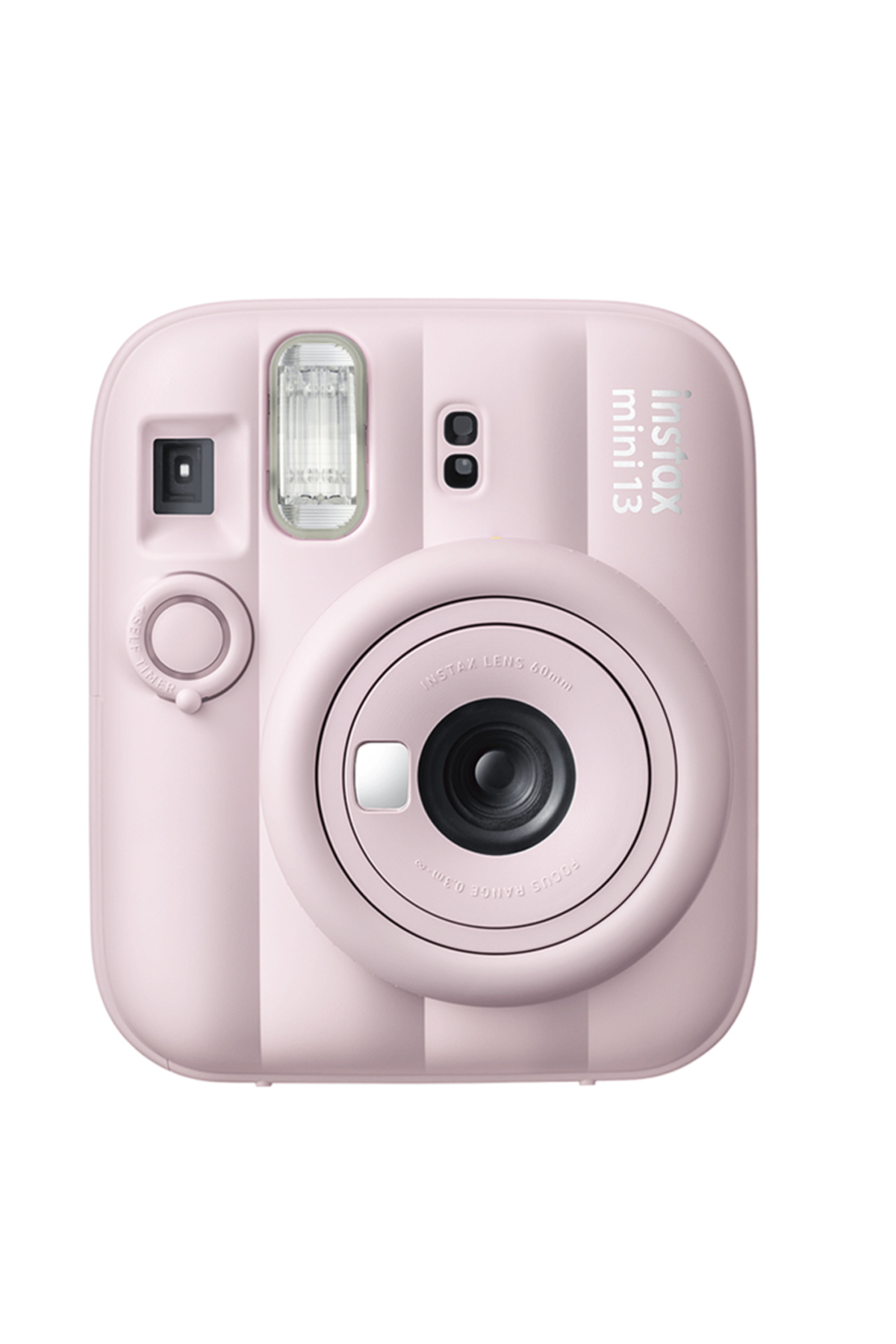 Beyaz arka planda açık pembe Instax mini 12 şipşak kameranın önden görünümü.