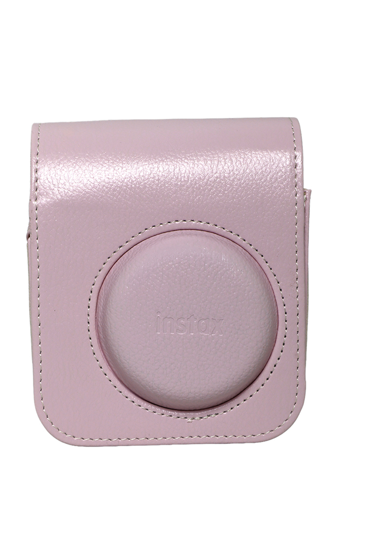 Beyaz dikişli ve yuvarlak lens kısımlı pembe Instax kamera kılıfı.