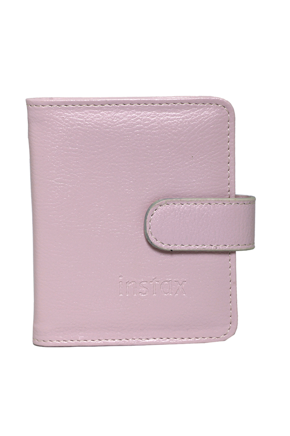 Instax logolu ve kapama kayışına sahip kapalı, pembe deri fotoğraf albümü.