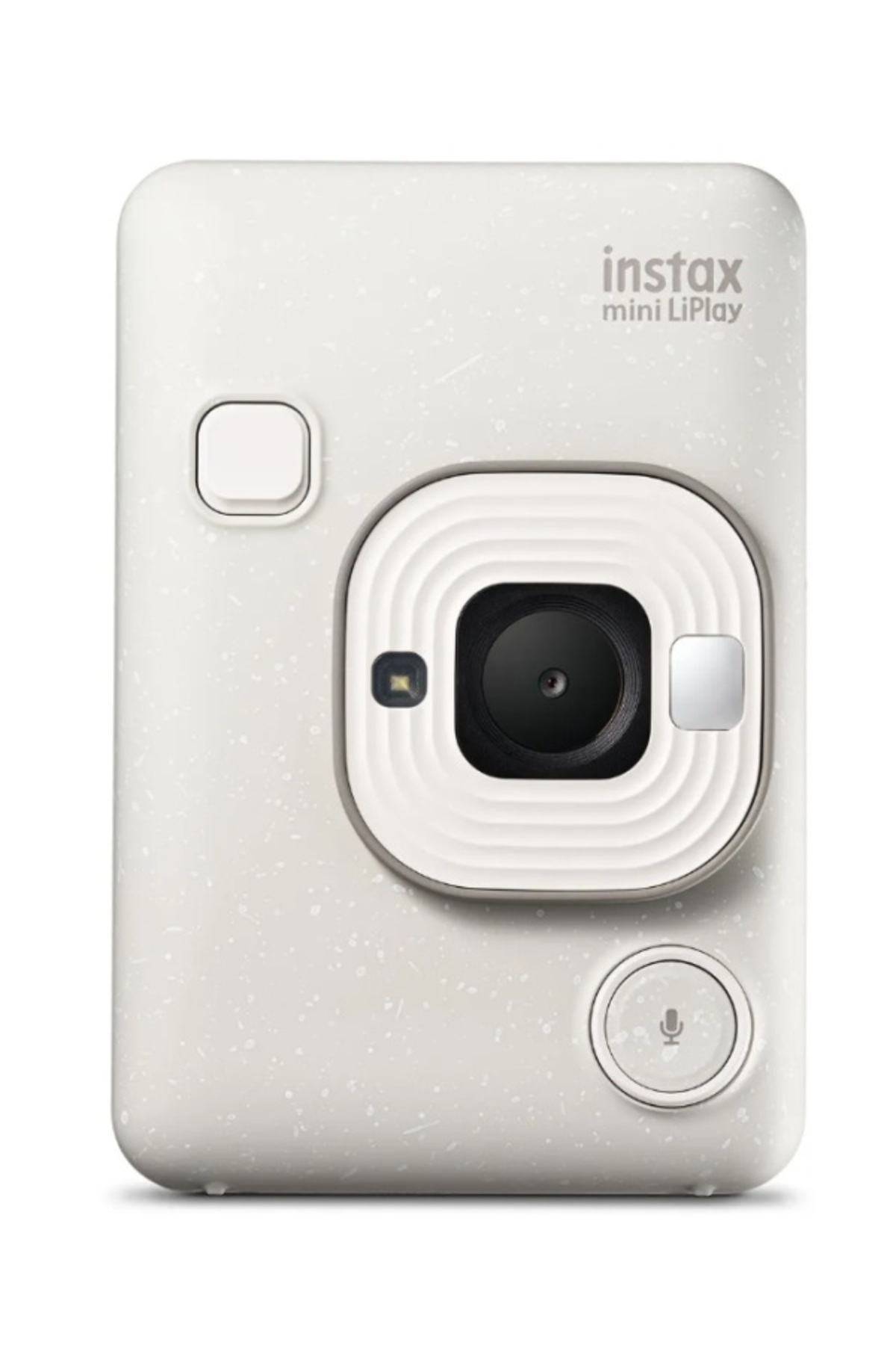 Benekli gövdeye, merkezi merceğe ve flaşa sahip beyaz Instax Mini LiPlay anlık kamera.