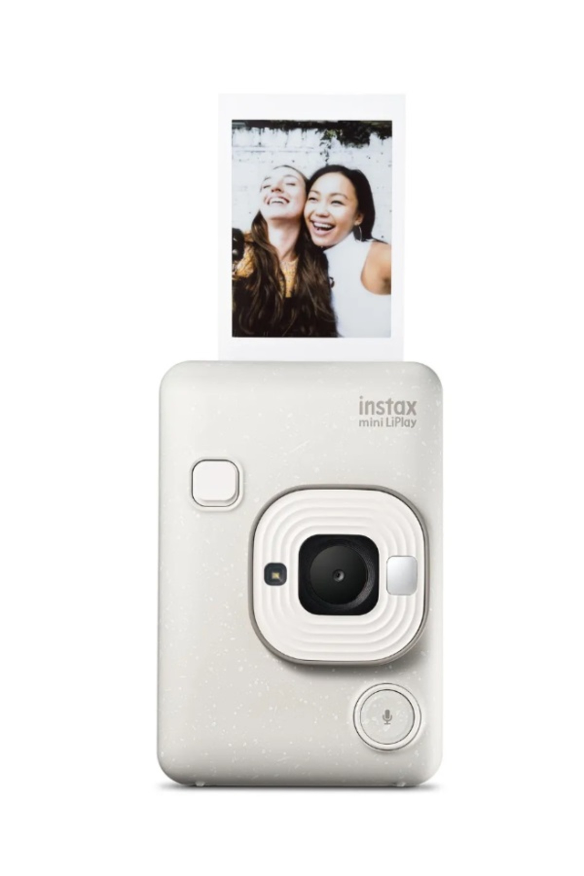 Gülümseyen iki kadının fotoğrafını basan beyaz renkli bir instax mini LiPlay şipşak kamera.