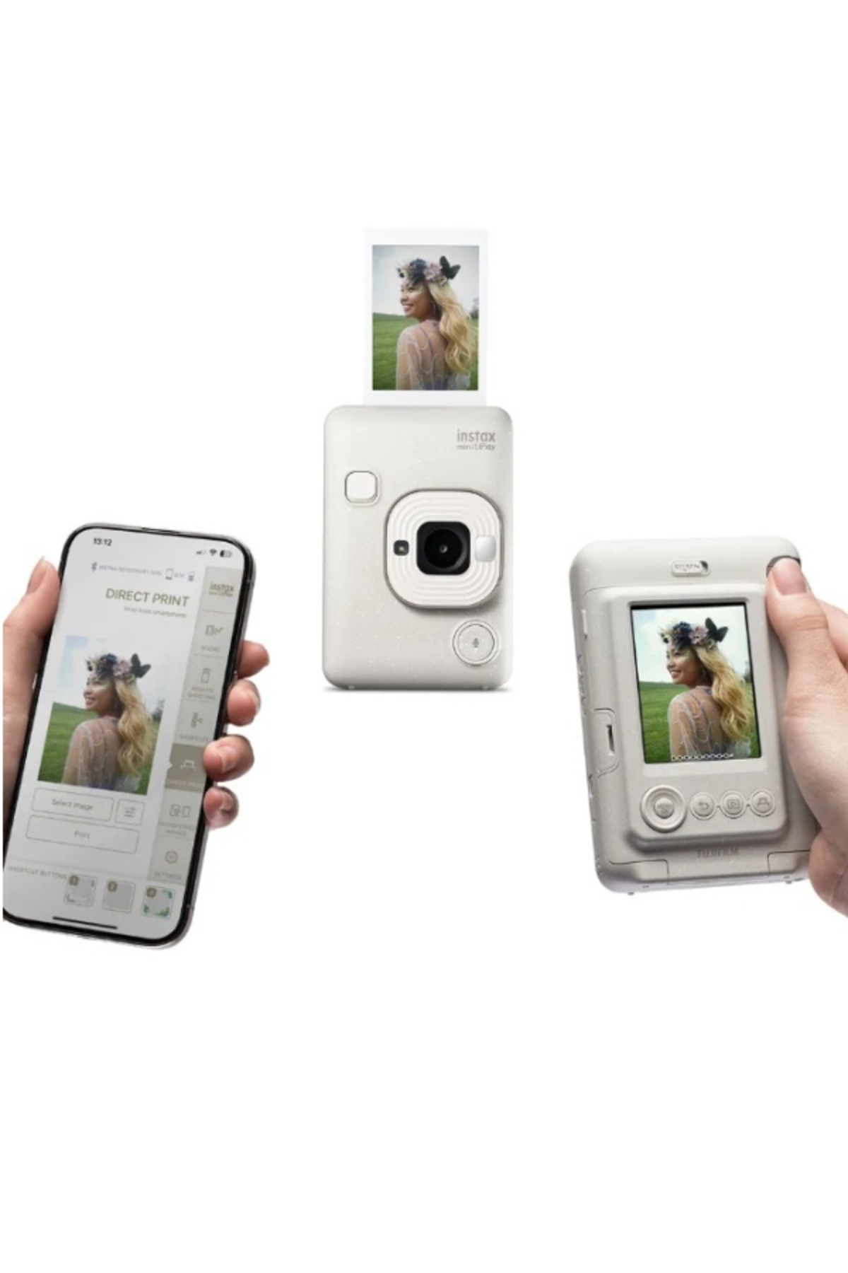 Instax Mini LiPlay kamera, uygulamalı bir akıllı telefon ve basılı fotoğraf gösteren kamerayı tutan eller.
