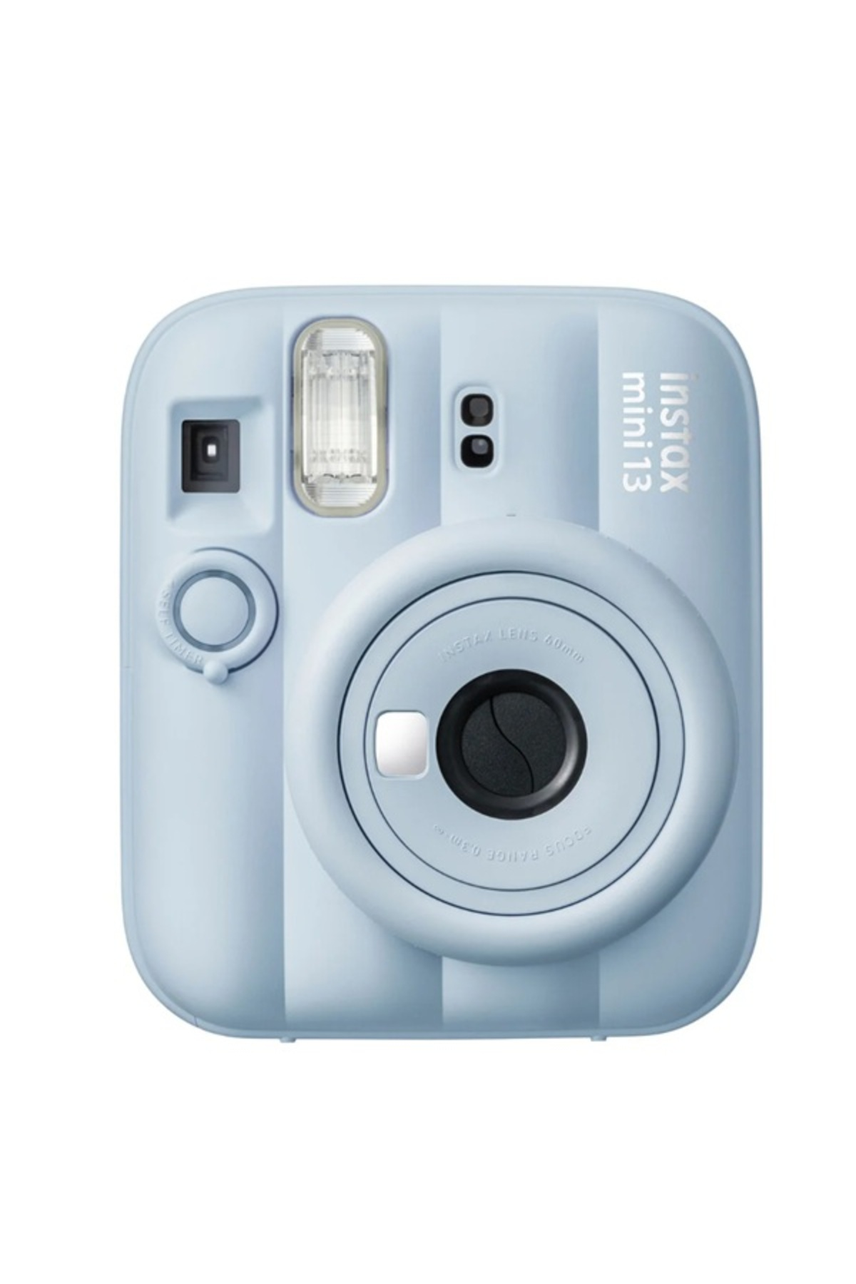 Beyaz arka plan üzerinde açık mavi renkli bir Instax Mini anlık kamera.