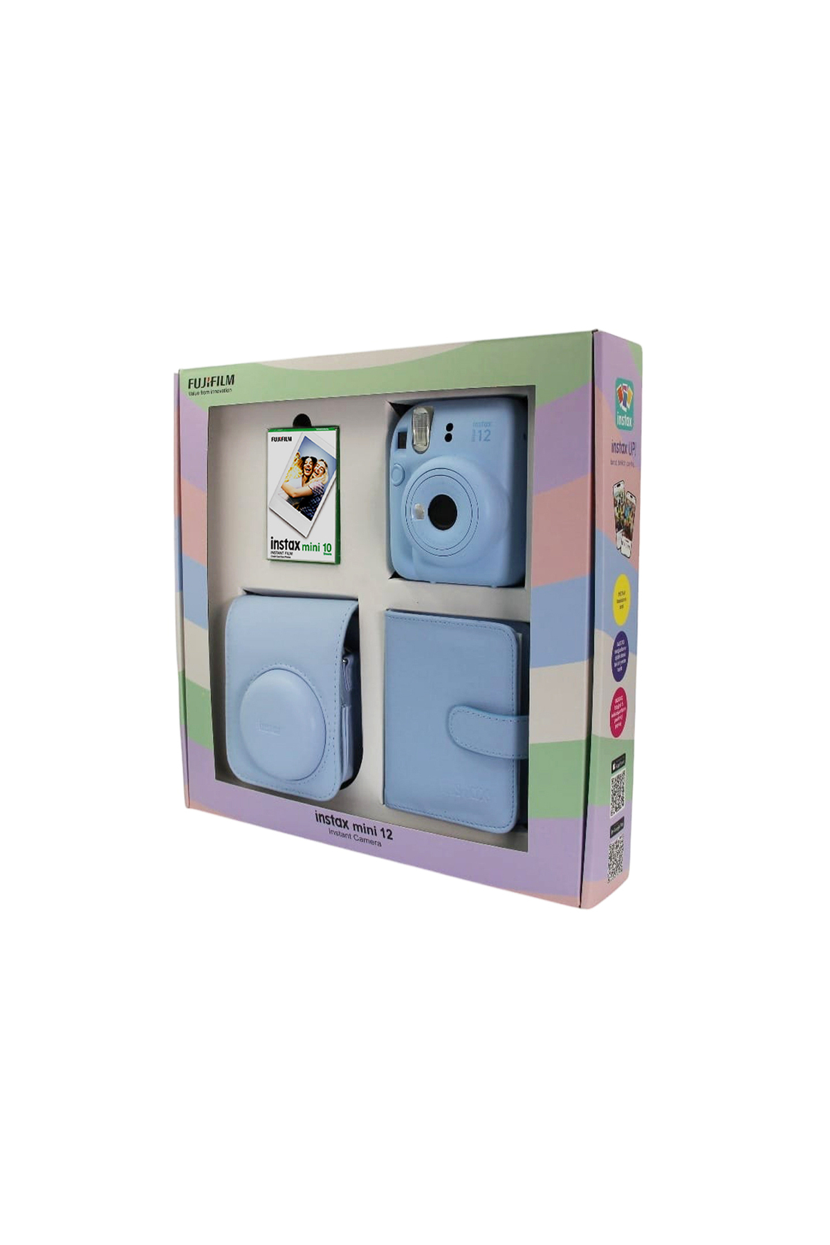 Kılıf ve film gibi aksesuarlarla pastel kutuda mavi Instax Mini 12 kamera.