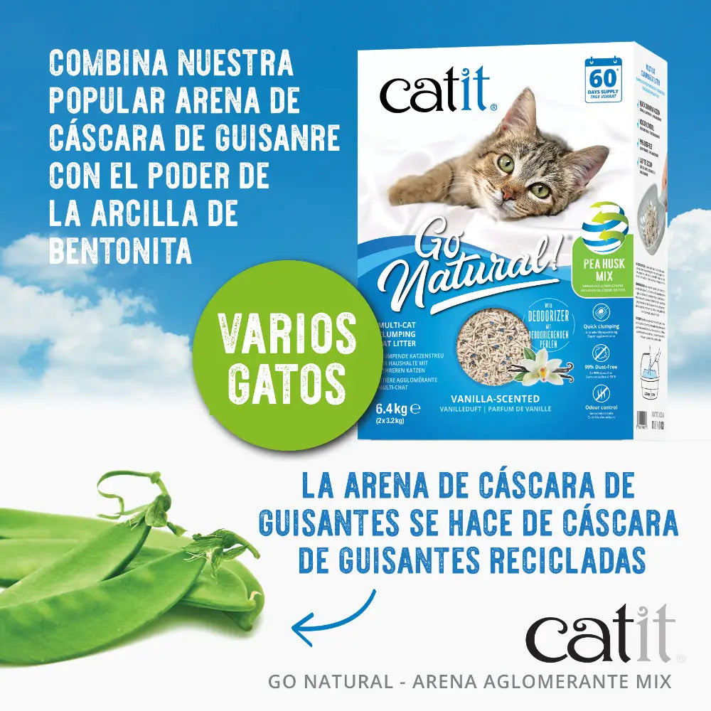 Anuncio de arena para gatos con foto de gato, vainas de guisantes y texto.