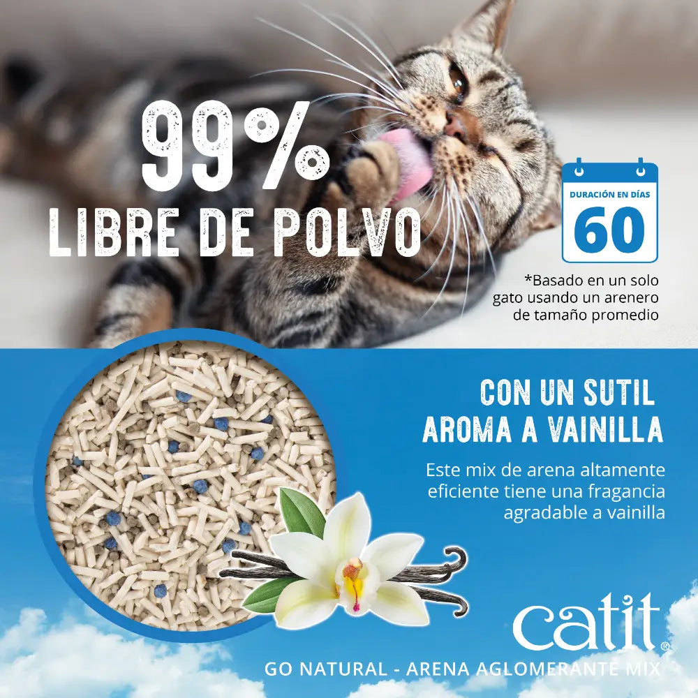Un gato aseándose, arena para gatos en un círculo, flor de vainilla y texto en español sobre arena de vainilla.