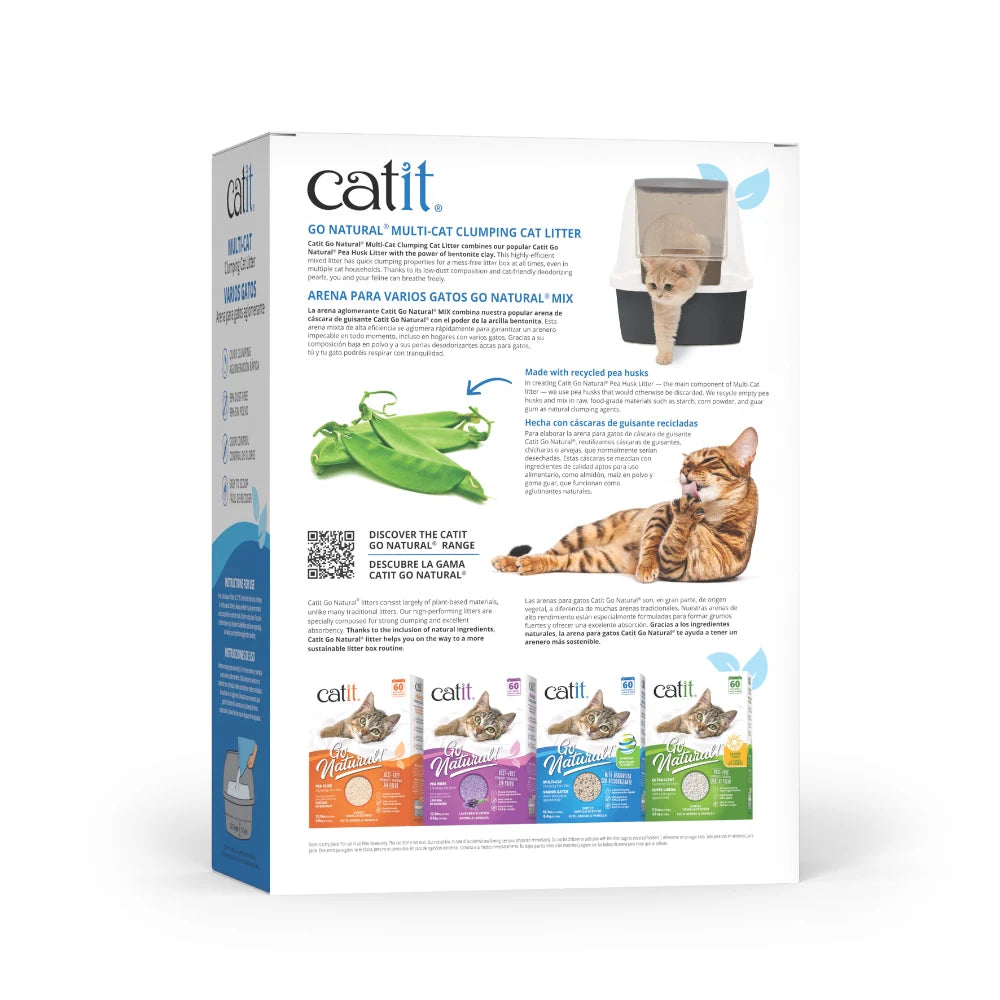 Envase de arena para gatos Catit Go Natural con texto, vainas de guisantes y gatos en blanco y azul.