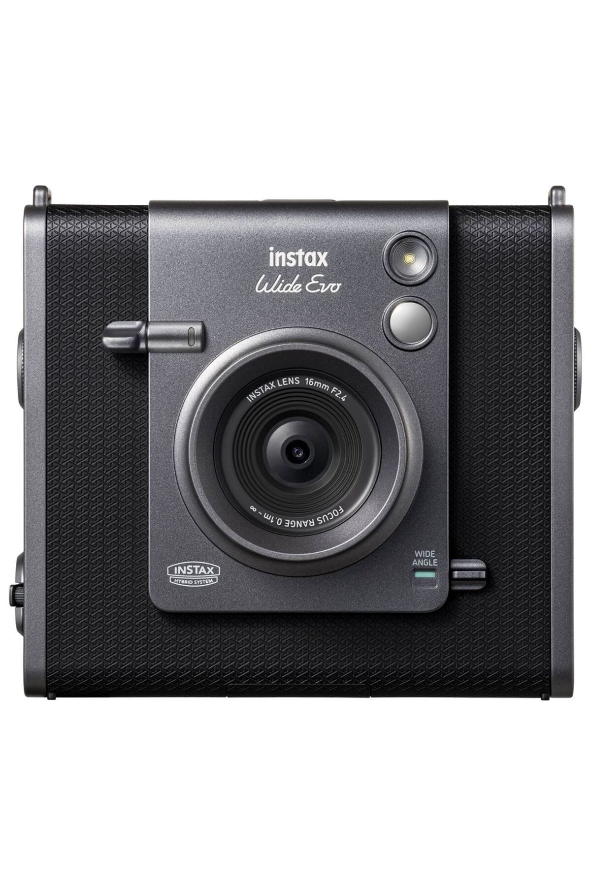 Siyah renkli Instax Wide Evo anlık kamera, merceği, flaşı ve dokulu gövdesini gösteren önden görünüm.