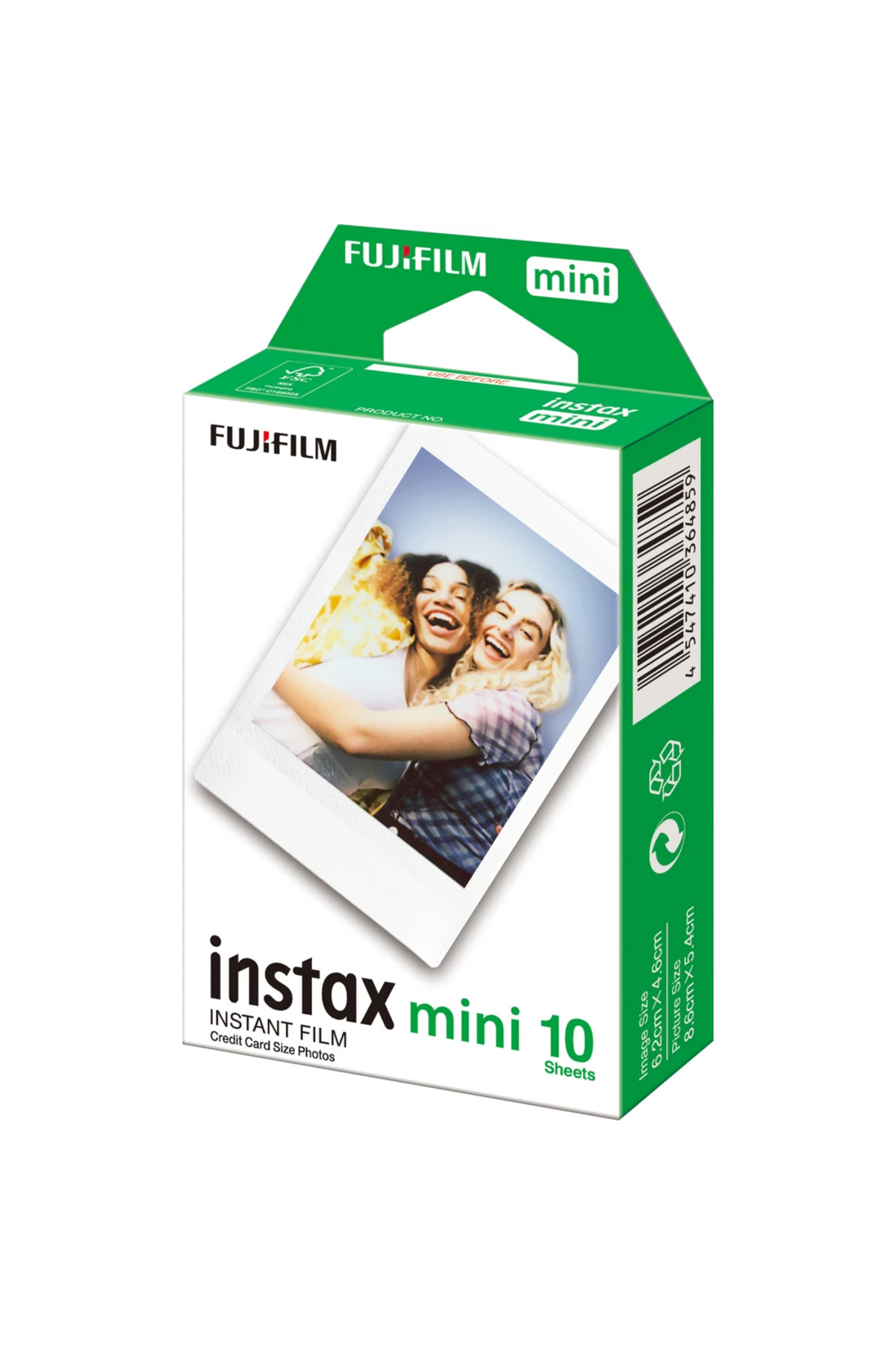 İki gülümseyen kadının fotoğrafının yer aldığı yeşil ve beyaz Fujifilm Instax Mini 10 film kutusu.