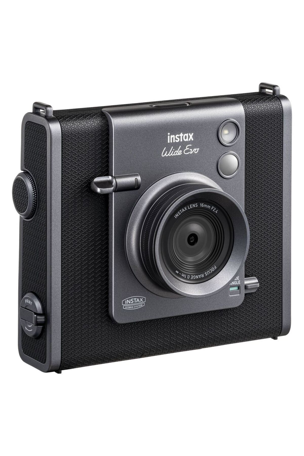 Beyaz arka planda orta lensli gri ve siyah bir Instax Wide Evo anlık kamera.
