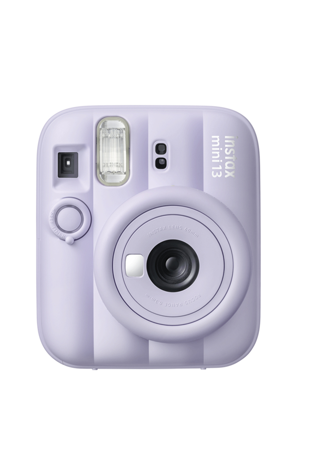 Düz bir arka planda büyük yuvarlak lensli, flaşlı ve vizörlü pastel mor renkli Instax Mini 13 anlık kamera.