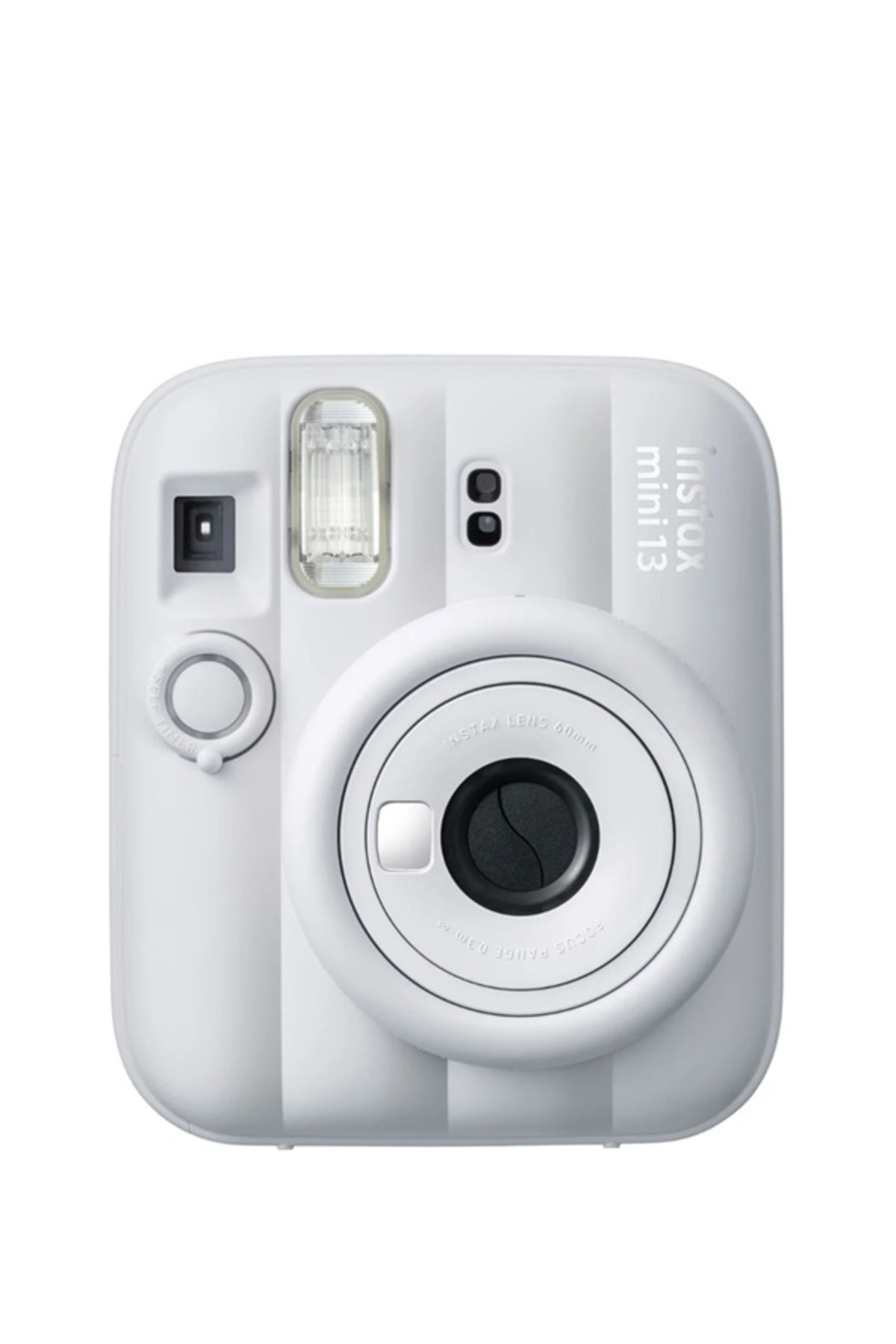 Beyaz arka planda önden görünen beyaz bir Instax Mini 13 anlık kamera.