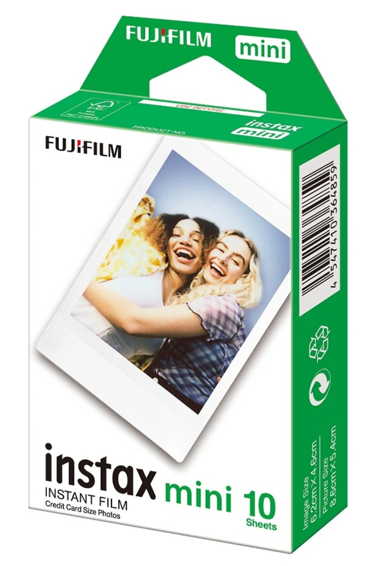 İki gülen kadının fotoğrafının yer aldığı yeşil Fujifilm Instax Mini film kutusu.