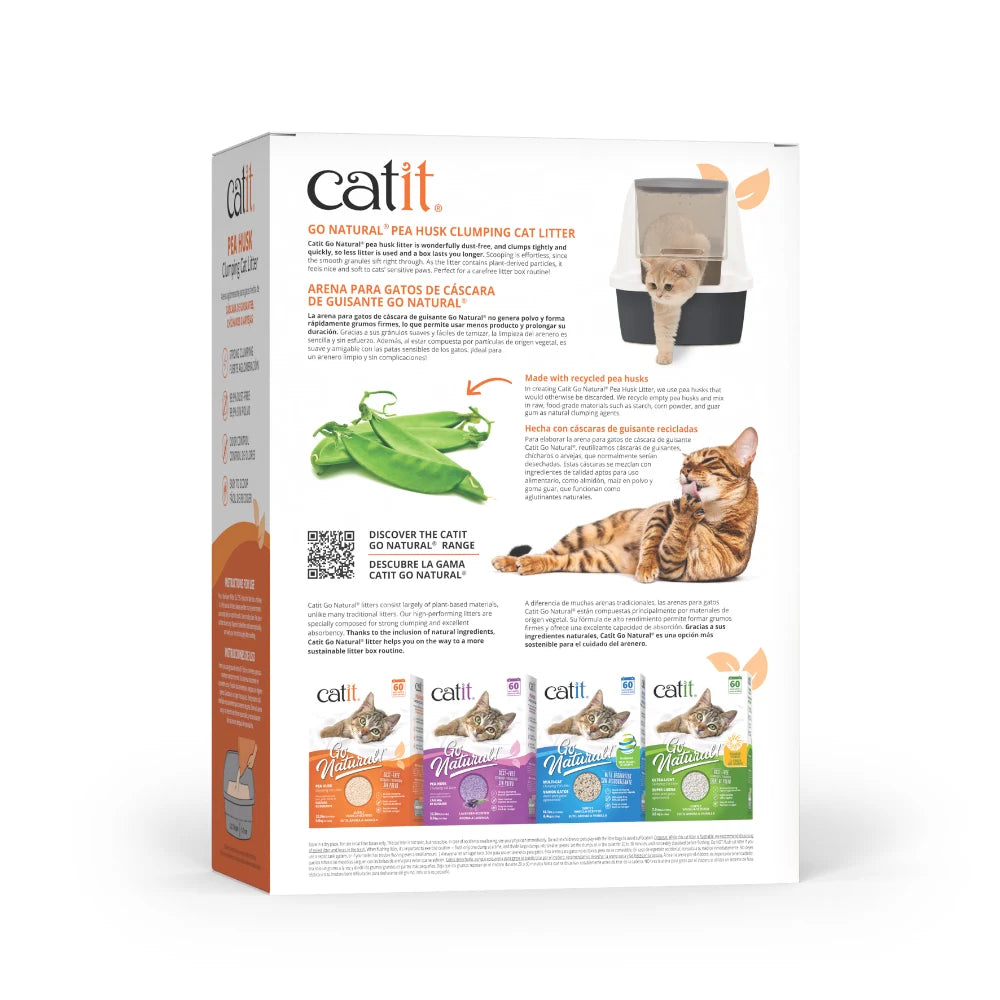 Empaque de arena para gatos Catit Go Natural con gatos, guisantes e info del producto sobre fondo blanco.